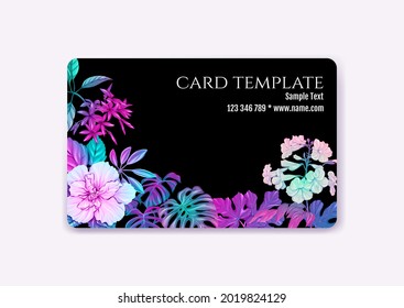 Plastic debit or credit, pass, discount, membership card template with tropical plants in neon color on black background. Vector illustration.