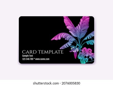 Plastic Debit Or Credit, Pass, Discount, Membership Card Template With Tropical Plants In Neon Color On Black Background. Vector Illustration.