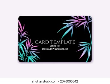 Plastic debit or credit, pass, discount, membership card template with tropical plants in neon color on black background. Vector illustration.