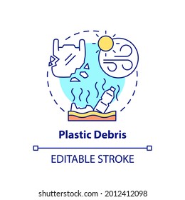 Plastic debris concept icon. Environmental responsibility idea thin line illustration. Nature contamination with toxic pollutants. Vector isolated outline RGB color drawing. Editable stroke