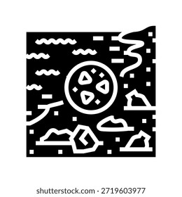 Escombros de plástico en la playa Microplásticos Vector de icono de glifo. Escombros de plástico en la playa Muestra de microplásticos