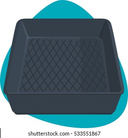 Plastic deep black tray with stripes on bottom and rim. Clean empty tray. Isolated on a blue background.
