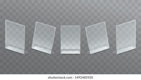 Plastic desktop transparent advertising stand, paper holder. Set of mock up stands, menu.
