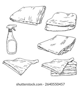 A plastic detergent bottle with a spray cap and a cleaning cloth for home and office, a sketch in black and white ink. Vector illustration. Spray bottle and rag, insulated on a white background