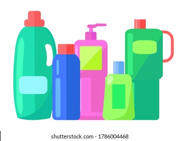 Plastic detergent bottles set. Household chemicals containers plastic bottle pack, cleaning housework liquid domestic fluid cleaner isolated on white background. Industrial chemicals different bottles