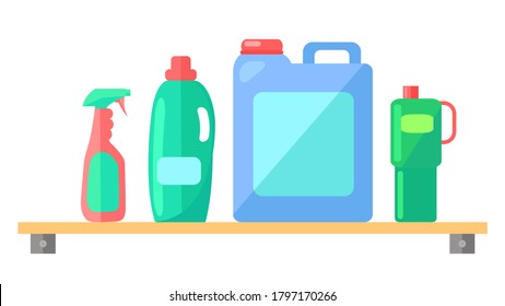 Plastic detergent bottles set. Household chemicals containers plastic bottle pack, cleaning housework liquid domestic fluid cleaner on a shelf on the wall . Industrial chemicals different bottles