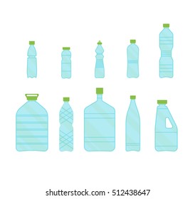 Plastic Different Bottles Icon Set for Liquid, Water on White Background. Vector illustration of plastic blue flat graphic icons with green cap. 