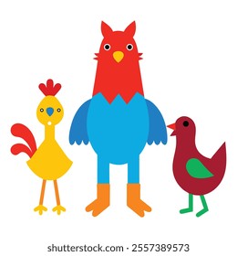 plastic different unusual toys of chickens rooste vector art illustration