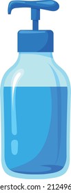 Plastic dispenser with pump. Cartoon blue liquid container isolated on white background