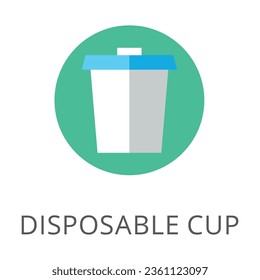 Plastic disposable cup for drink to go in center of green circle isolated on white. Colored flat vector icon of takeout coffee. Drinks and beverages concept