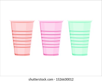 Plastic disposable cup for drinks set red pink green vector logo isolated illustration on white background 