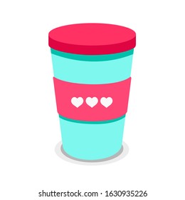 Plastic disposable cup with lid for cold beverage -soda, ice tea or coffee, cocktail, milkshake, juice. 450 ml. Valentines day or just romantic concept. Vector illustration. EPS 10