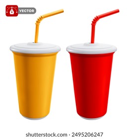 Plastic disposable cup with lid and straw for cold beverage such as soda, ice tea or coffee, cocktail, milkshake, juice. 450 ml. 3D realistic mockup template. Front view. Vector illustration