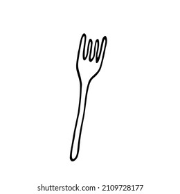 Plastic disposable fork. Cutlery for the holiday. Element for decorating a fun party. Hand drawn line vector illustration in doodle style.