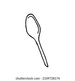 Plastic disposable spoon. Cutlery for the holiday. Element for decorating a fun party. Hand drawn line vector illustration in doodle style.