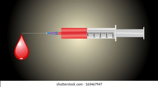 Plastic disposable syringe filled with red liquid.