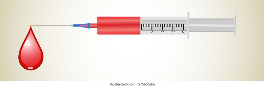 Plastic disposable syringe filled with red liquid.