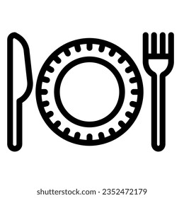 Plastic disposable tableware line icon, picnic concept, plate with fork and knife sign on white background, Paper disposable food dish cutlery icon outline style. Vector graphics.