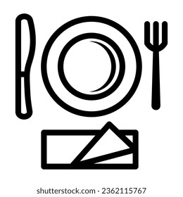 Icono de línea de vajilla desechable de plástico, concepto de picnic, signo de cubiertos de picnic sobre fondo blanco, placa con bifurcación e icono de cuchillo en forma de contorno para diseño móvil y web. Gráficos vectoriales