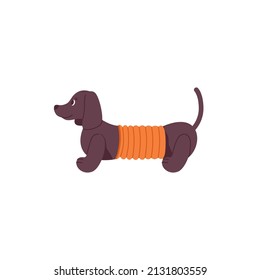 Plastic dog toy for kids. Cute dachshund. Childish doggy for playing. Funny childrens animal doll. Flat vector illustration isolated on white background