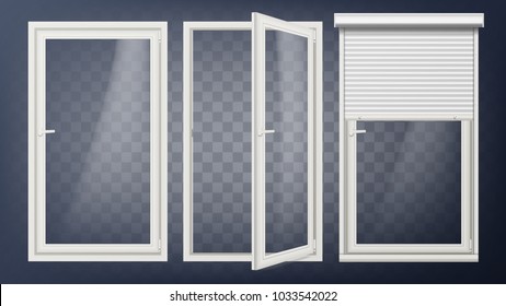 Plastic Door Vector. Modern White Roller Shutter. Opened And Closed. Energy Saving. Corner Door. PVC Profile. Isolated On Transparent Background Illustration
