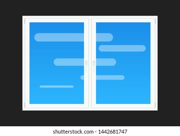 Plastic double-leaf white window with hinges, handles, apartment glazing and fittings installation, dark background, vector illustration with abstract sky and clouds.