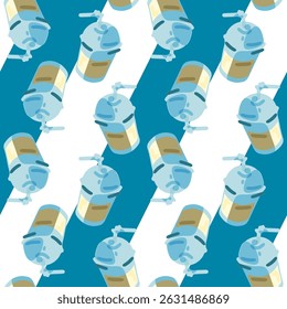 Plastic Drink Cup Seamless Pattern featuring cartoon plastic beverage containers with lids and straws in a flat style. Diagonal layout with light blue, beige, white, and teal colors.