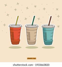 plastic drink cup vector in pastel colors red, mocca, and blue