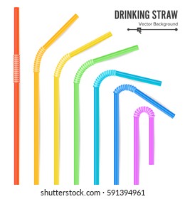 Plastic Drink Straw Vector. Colorful Drinking Straws. Different Types. Plastic Straight And Curved. For Celebration Background Design, Cocktail Party Menu Illustration