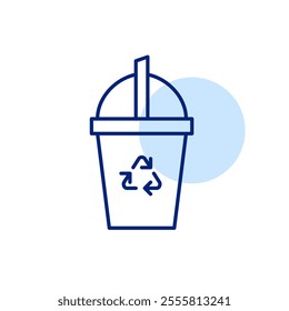 Plastic drink takeaway cup and straw with recycling symbol. Eco-friendly packaging. Pixel perfect, editable stroke icon