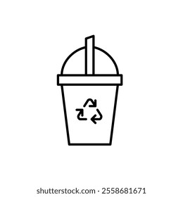 Plastic drink takeaway cup and straw with recycling symbol. Eco-friendly packaging. Pixel perfect vector icon