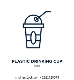 plastic drinking cup icon from food collection. Thin linear plastic drinking cup, drink, plastic outline icon isolated on white background. Line vector plastic drinking cup sign, symbol for web and 