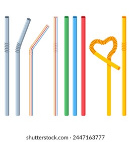 Plastic drinking straws vector cartoon set isolated on a white background.