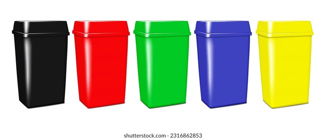 Plastic dustbin vector color mockup set. Colour dust bin isolated on white background realistic mock-up. Trash can, recycling container. Waste sorting