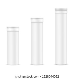 Plastic effervescent tablets medical tubes mockups isolated on white background. Vector illustration