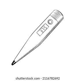 Plastic electronical thermometer in sketchy hand drawn style. Medical equipment isolated on white background. Vector illustration.