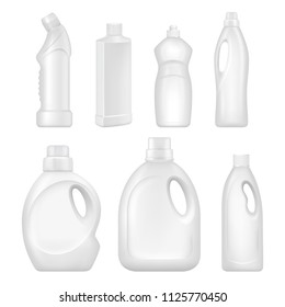 Plastic empty bottles. Sanitary containers with chemical liquids for cleaning services. Chemical sanitary and cleaner plastic bottle, container with detergent. Vector illustration