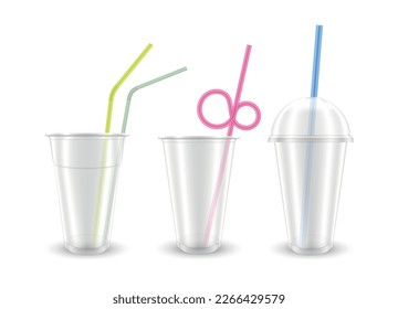 Plastic empty cups with straws for drink take away set realistic vector illustration. Transparent container with cap and open summer cocktail ice coffee refreshing water soda milkshake liquid beverage