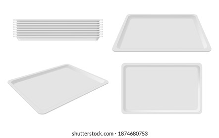 Plastic empty white tray set, blank takeout. Party plastic serving tray for home, caterers, office parties, banquet events. Vector realistic style illustration