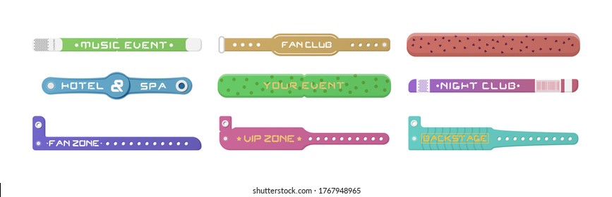Plastic event access bracelets, wristlet for party entrance. Sticky hand entrance event paper bracelet. Wristband for concert backstage identification, stadium fan zone id, security checking. Vector.