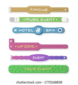 Plastic event access bracelets, wristlet for party entrance. Sticky hand entrance event paper bracelet. Wristband for concert backstage identification, stadium fan zone id, security checking. Vector.