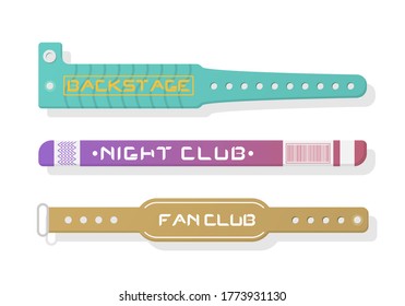 Plastic event access bracelets, wristlet for party entrance. Sticky hand entrance event paper bracelet. Wristband for concert backstage identification, stadium fan zone id, security checking. Vector.