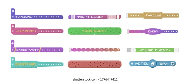 Plastic event access bracelets, wristlet for party entrance. Sticky hand entrance event paper bracelet. Wristband for concert backstage identification, stadium fan zone id, security checking. Vector.