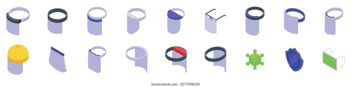 Plastic face shield icons set. Medical face shield protecting from virus and bacteria infection, providing safety for doctors and nurses