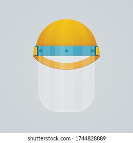 Plastic face shield work helmet on white background. Coronavirus Covid-19 protective mask equipment front view.