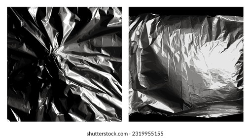 Plastic film wrap overlay texture. Black plastic bag, crumpled polyethylene