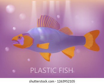 Plastic fish. Robot fish. 3d. Realistic. Yellow and purple color. Toy. Cartoon style.
