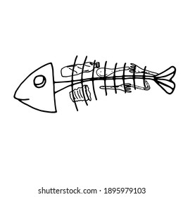 Plastik im Fischskelett. Meeresverschmutzung durch Plastikmüll. Plastiklöffel, Gabel, Stroh, Flasche, Glas. Vektorgrafik. Handzeichnung. Doodle.