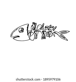 Plastic in the fish skeleton. Ocean pollution with plastic debris. Plastic spoon, fork, straw, bottle, glass. Vector illustration. Hand drawing. Doodle.