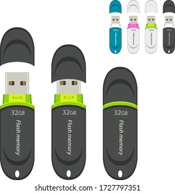 memoria flash de plástico con una tapa. unidad usb con cubierta de diferentes colores. unidad flash en un diseño plano. memoria flash de dos colores